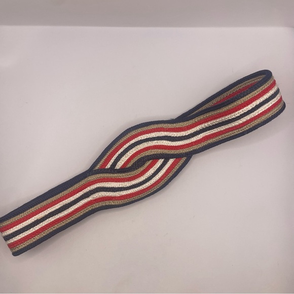 2FOR$30 Vintage 80s Wide Striped Woven Waist Belt Red White Blue & Tan - Picture 2 of 12